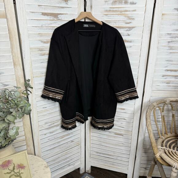 ZARA Women's L Combination Faux Suede Embroidered Jacket Boho Western Black - Picture 9 of 16